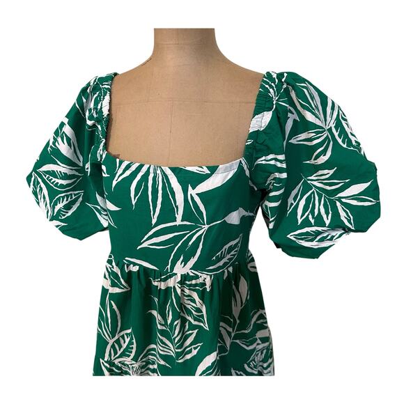 Meadow Rhodes Midi Dress Green & White Cotton Leaf Print A-line Puff Sleeve Med - Picture 6 of 9
